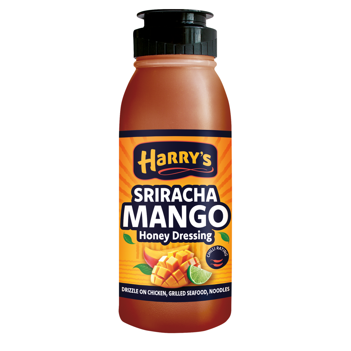 Harry's Hot Honey Sriracha Mango dressing bottle with vibrant label, showcasing spicy, sweet, and tangy flavors.