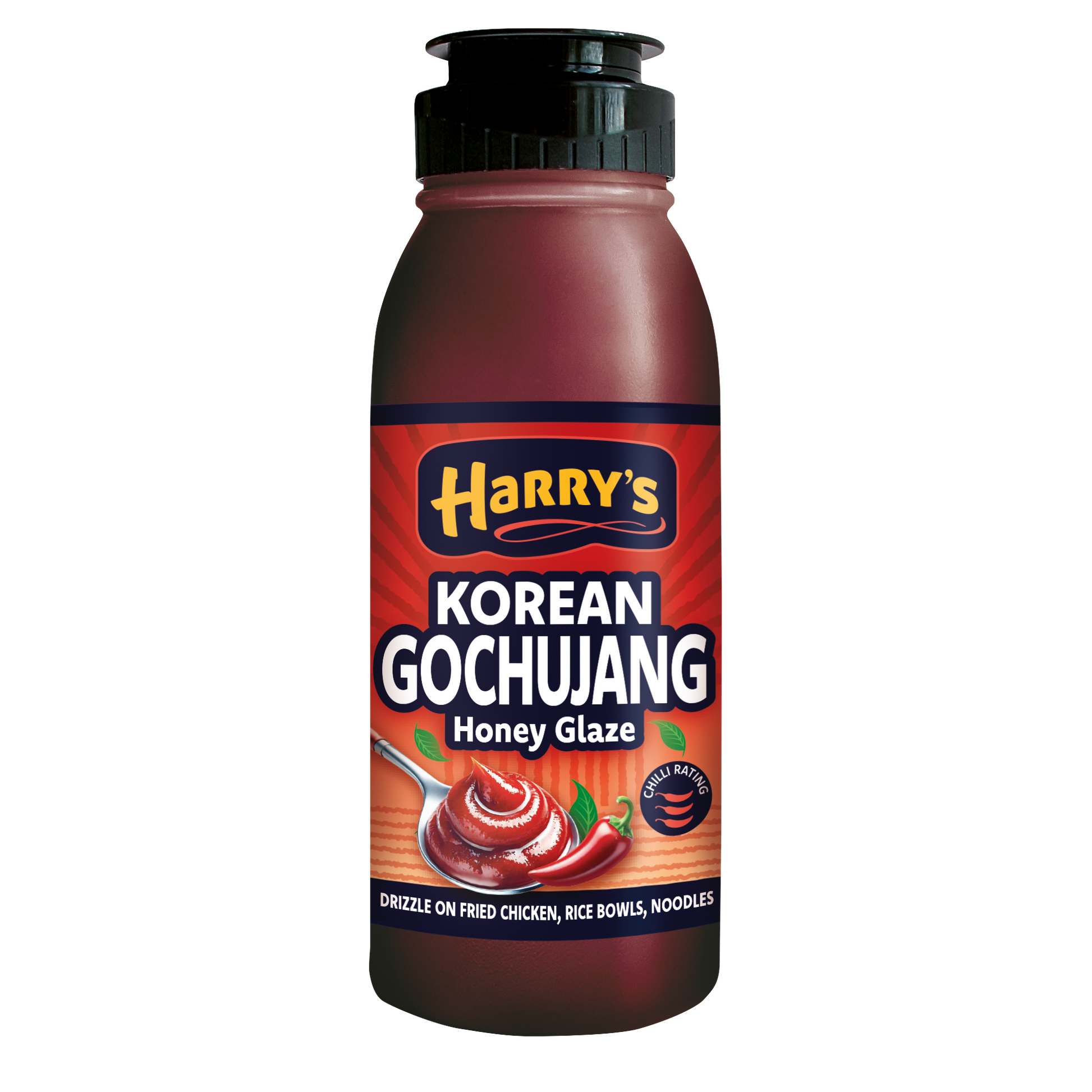 Bottle of Harry's Hot Honey Korean Gochujang Honey Glaze, spicy-sweet sauce with red chili and honey in a clear glass bottle
