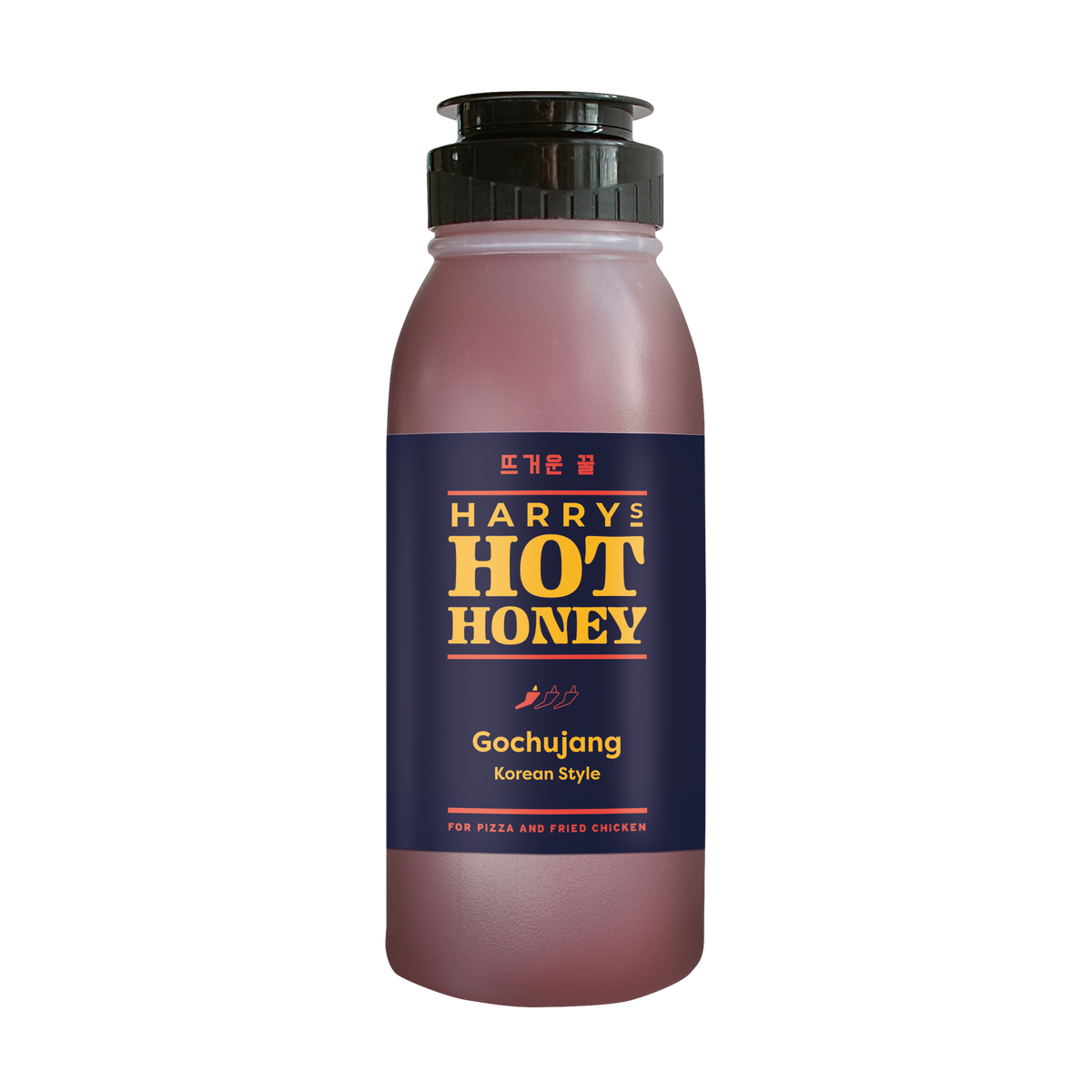 Bottle of Harry's Hot Honey Gochujang with a Korean-inspired label, showcasing the spicy and sweet hot honey flavor.
