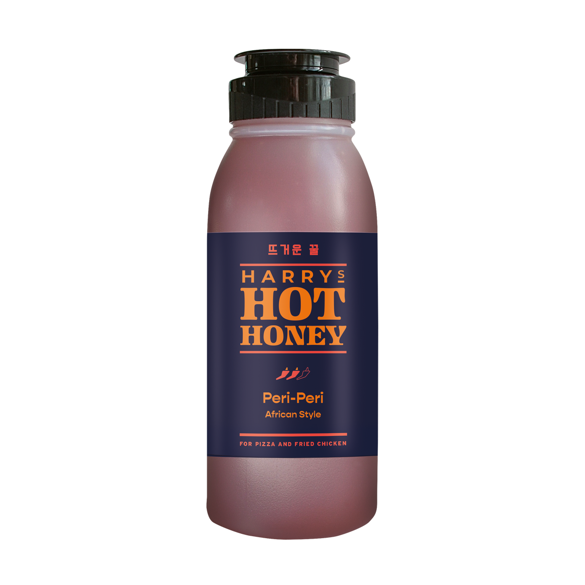 Harry's Hot Honey Peri-Peri bottle with vibrant label, showcasing spicy peri-peri flavor and golden honey inside.
