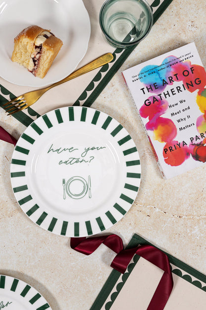 Avalon Home UK Have You Eaten Bone China Plate with a cake, showcasing elegant white bone china dinnerware for serving desserts.