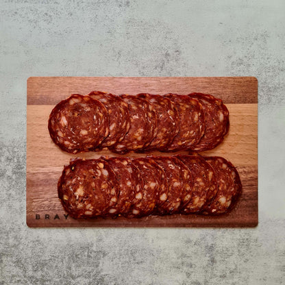 Bray Cured Pizza Charcuterie Pack with hogget chorizo, sliced meats on a wooden board, ready for serving.