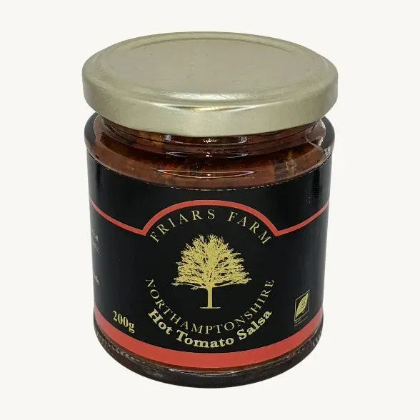 Bottle of Friars Farm Hot Tomato Salsa Sugar Free 200g with bright red salsa and fresh ingredients visible in the image.