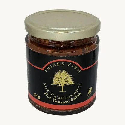 Bottle of Friars Farm Hot Tomato Salsa Sugar Free 200g with bright red salsa and fresh ingredients visible in the image.