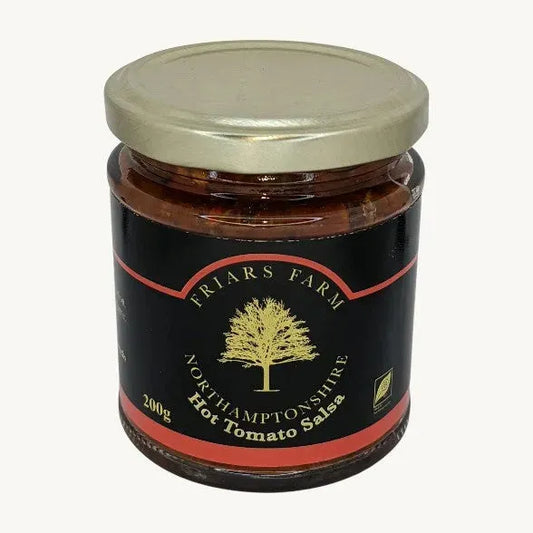 Bottle of Friars Farm Hot Tomato Salsa Sugar Free 200g with bright red salsa and fresh ingredients visible in the image.