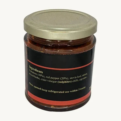 Friars Farm Hot Tomato Salsa in 200g jar, with vibrant red salsa visible in a close-up shot, showcasing fresh ingredients.