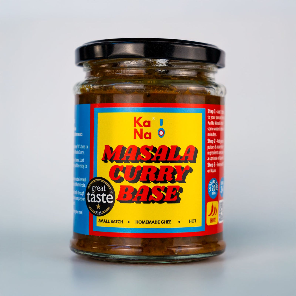 Ka Na Masala Curry Base Hot in a bottle, cooking sauce from Ka Na Homecooked with a label on a white background.