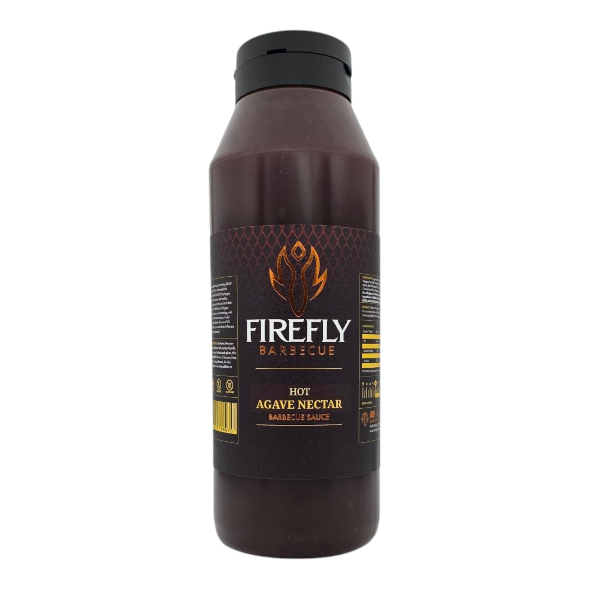 Bottle of FireFly Barbecue Hot Agave Nectar in a 1-liter squeeze bottle for flavorful BBQ sauces and culinary use.