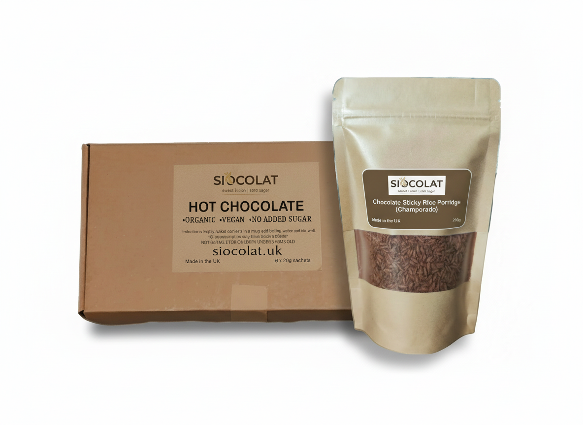 Vegan-friendly duo pack of Siocolat hot chocolate and champorado rice porridge mix, with No Added Sugar, in a combo pack.