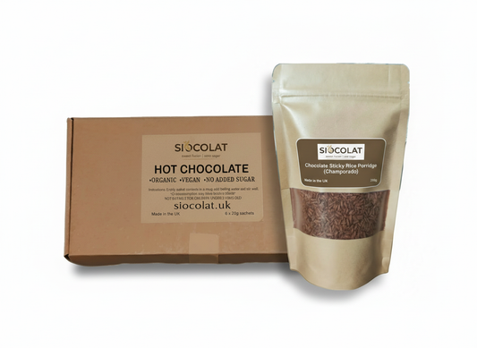 Vegan-friendly duo pack of Siocolat hot chocolate and champorado rice porridge mix, with No Added Sugar, in a combo pack.