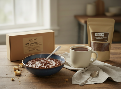 Vegan-friendly duo pack of Siocolat hot chocolate and champorado rice porridge mix, featuring no added sugar in the image.