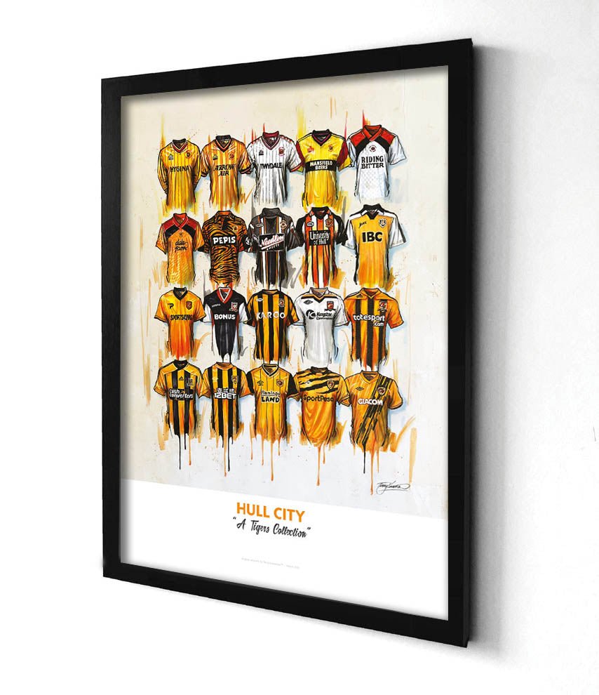 Limited edition A2 signed print of Hull City FC shirts by Terry Kneeshaw Art, showcasing iconic team jerseys in vibrant detail.