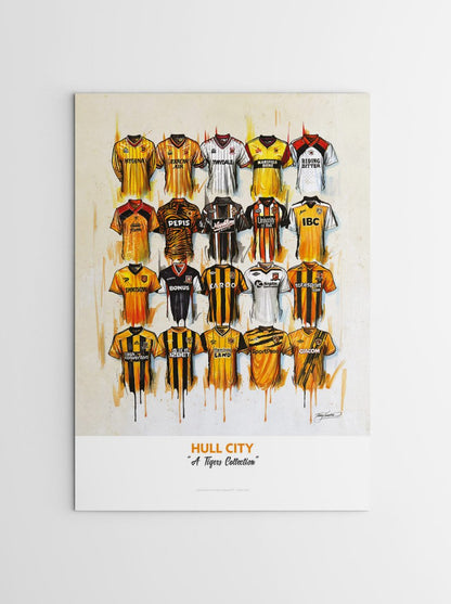 Signed limited edition print of Hull City FC shirts by Terry Kneeshaw Art, featuring detailed artwork of iconic team jerseys.
