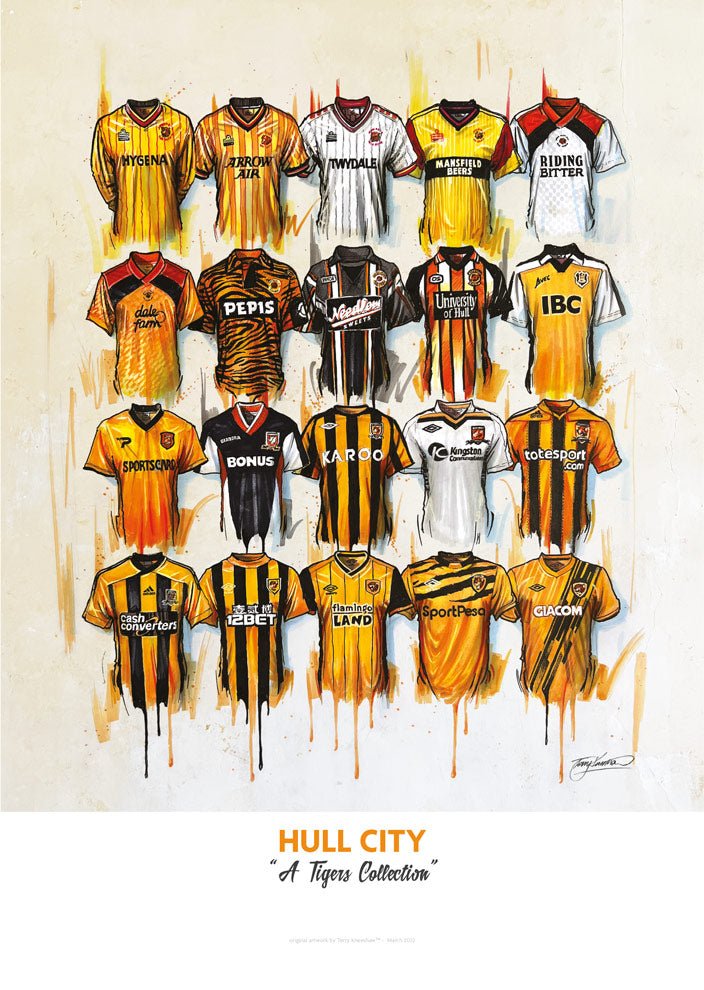 Limited edition signed art print of Hull City FC shirts by Terry Kneeshaw, featuring detailed artwork and team memorabilia.