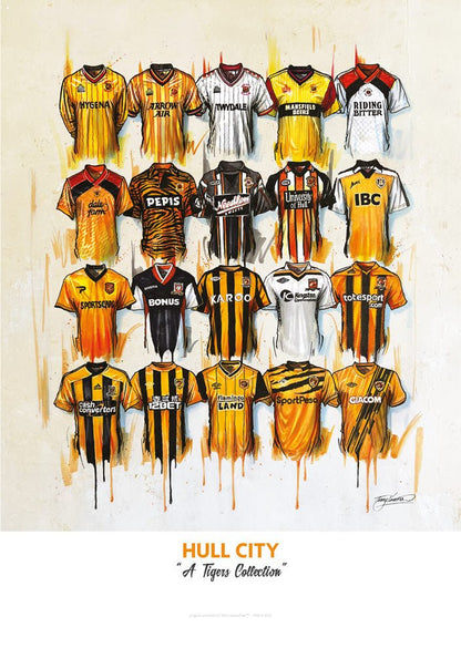 Limited edition signed art print of Hull City FC shirts by Terry Kneeshaw, featuring detailed artwork and team memorabilia.