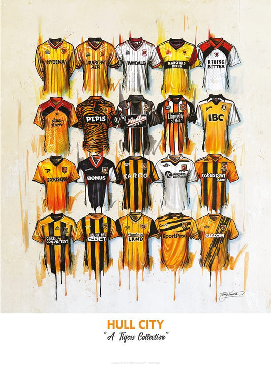 Limited edition signed art print of Hull City FC shirts by Terry Kneeshaw, featuring detailed artwork and team memorabilia.