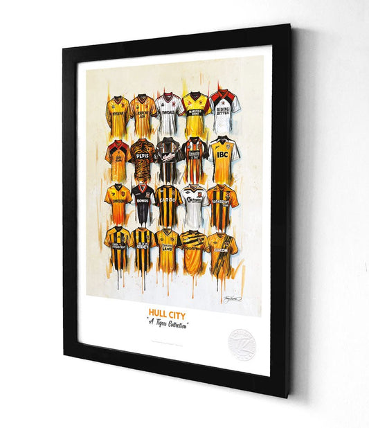 Limited edition framed print of Hull City FC football shirt by Terry Kneeshaw Art, showcasing detailed artwork of the shirt.