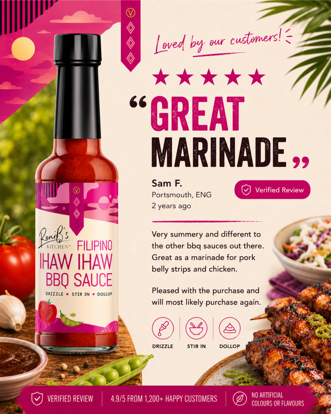 Filipino Ihaw Ihaw BBQ sauce by RoniBs Kitchen in a bottle, ideal for grilling and street food-style marinades, shown in the image.