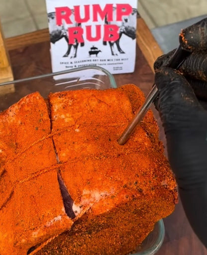 Book cover titled "Rump Rub," featuring bold lettering and spice imagery, representing BOHNS Rubs' beef dry rub seasoning mix.