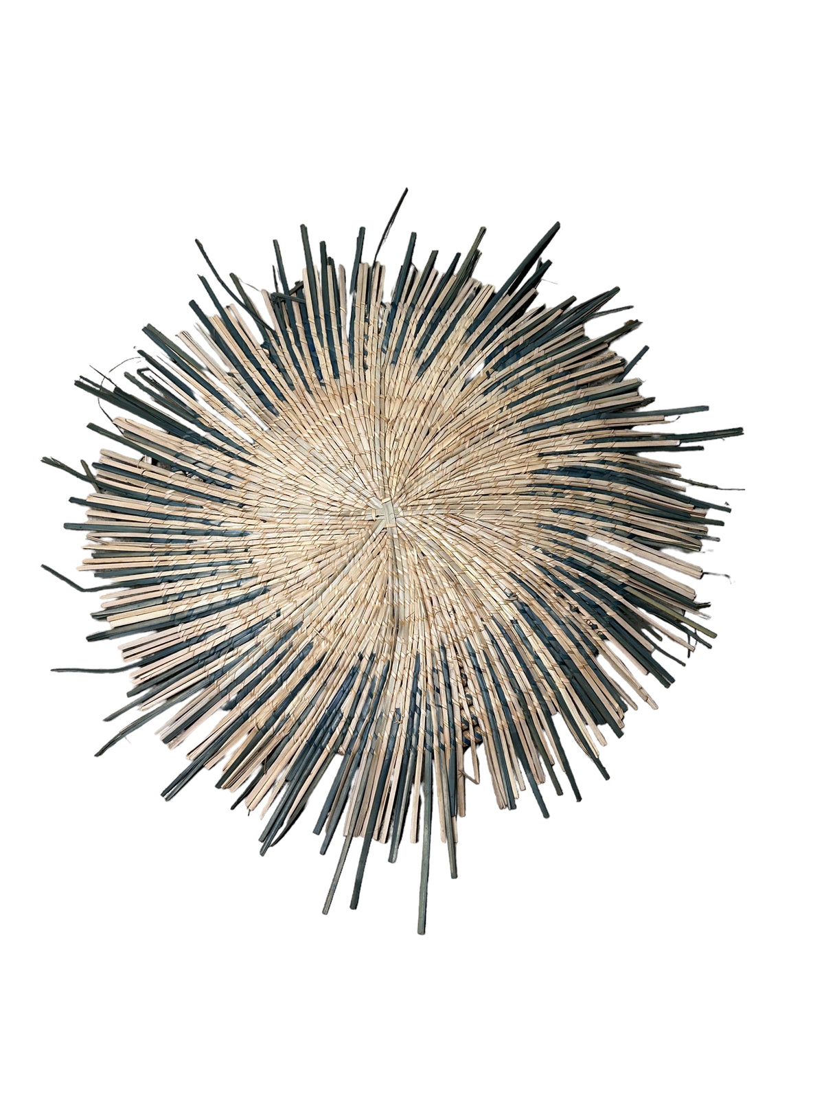 Blue Malawi Sun Wall Basket by Botanical Boys, 55cm woven basket with vibrant sunburst design for wall decor.