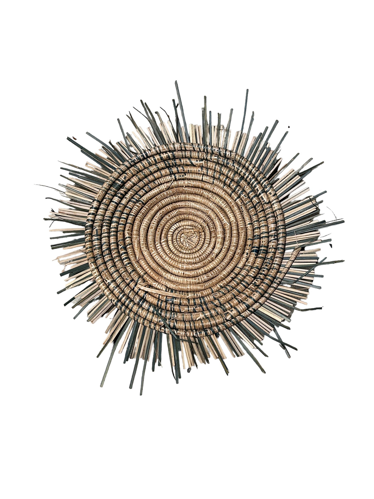 Blue Malawi Sun Wall Basket by Botanical Boys, 55cm, shown hanging on a wall with woven design and vibrant color.