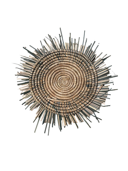 Blue Malawi Sun Wall Basket by Botanical Boys, 55cm, shown hanging on a wall with woven design and vibrant color.