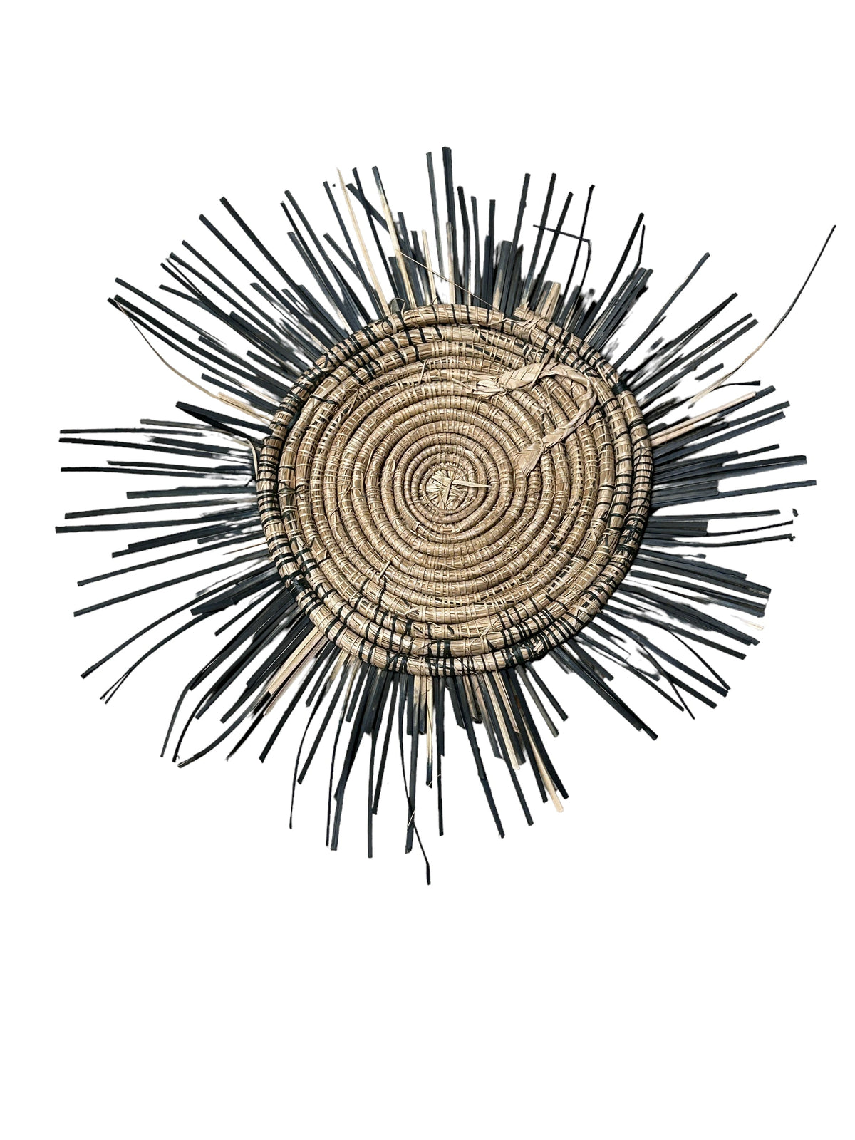 Blue Malawi Sun Wall Basket by Botanical Boys, 60cm, showcasing a woven wall decor piece with vibrant blue accents.