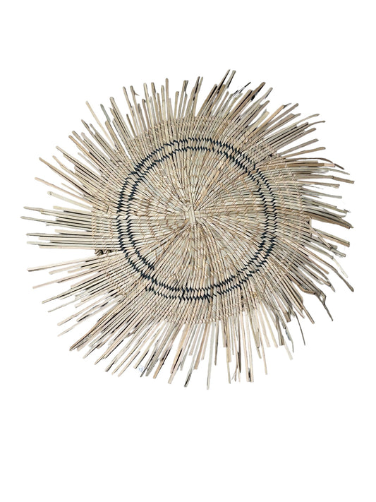 Blue-lined Malawi Sun wall basket by Botanical Boys, 45cm, hanging decorative woven basket with intricate patterns.