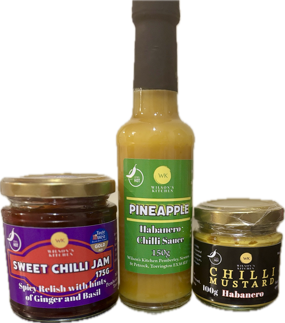 Assorted Wilson’s Kitchen Habanero Selection artisan chili sauces in glass bottles with vibrant labels.