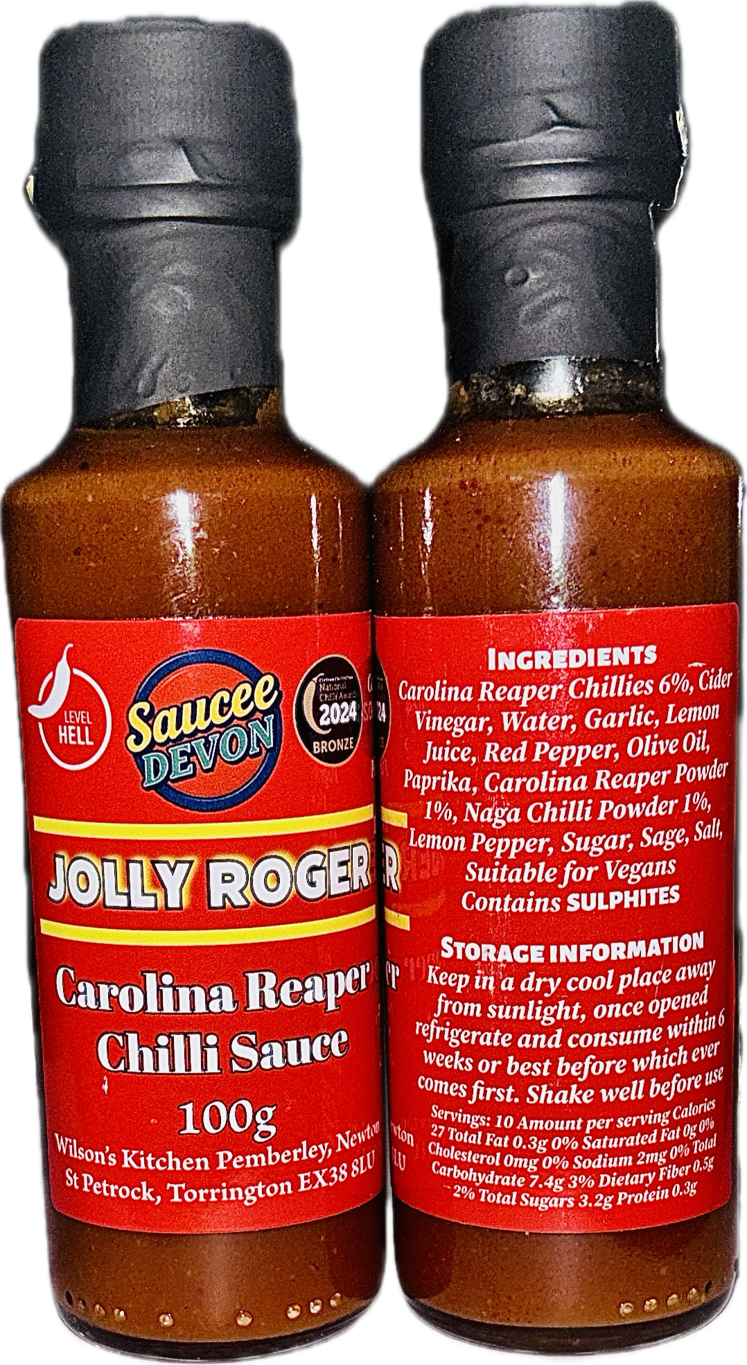 Wilson’s Kitchen Carolina Reaper hot sauce bottle with fiery red chili sauce, showcasing the bold, spicy artisan chili sauce.