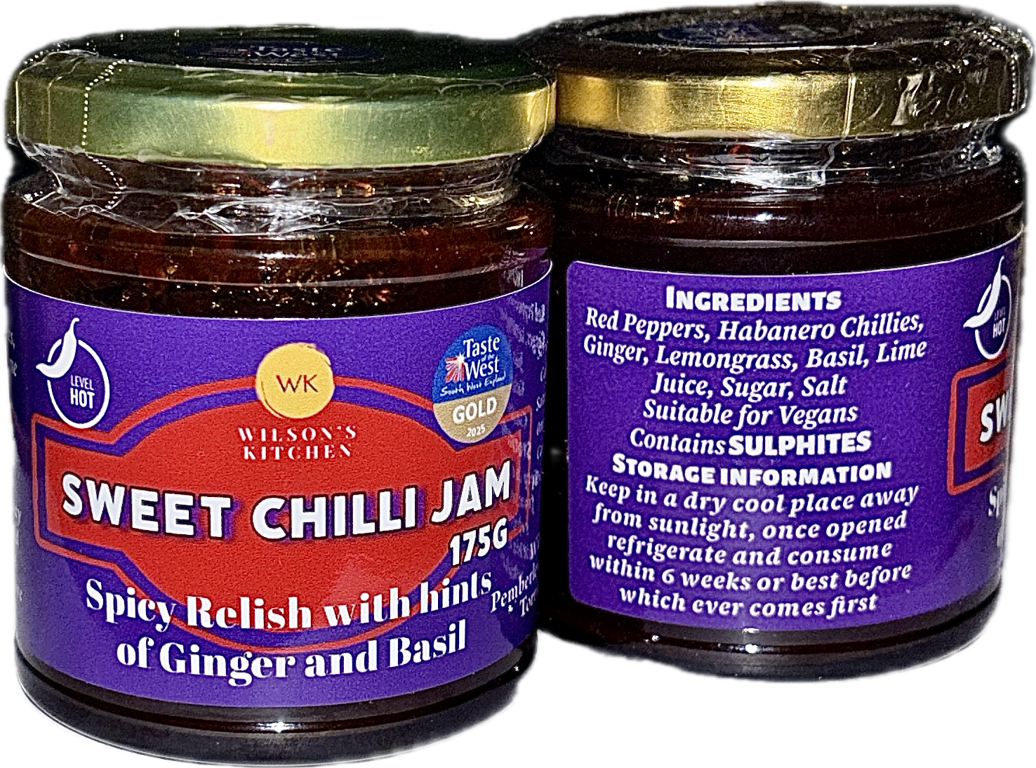 Award-winning Wilson’s Kitchen Hot Sweet Chilli Jam in a jar with a vibrant red-orange appearance and chili peppers visible inside.