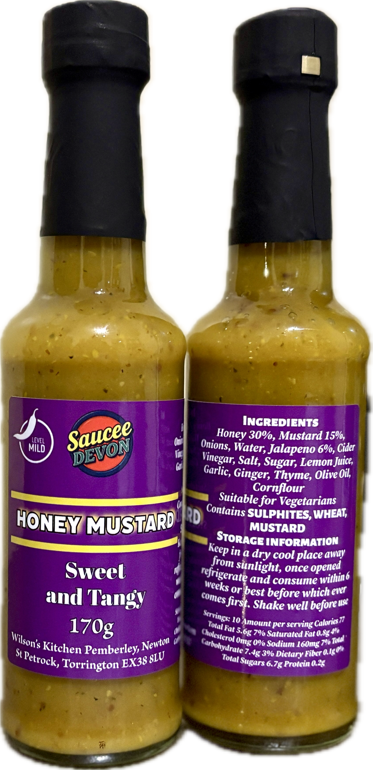 Wilson’s Kitchen honey mustard sauce in a jar, showcasing its smooth, golden appearance, ideal for adding flavor to dishes.