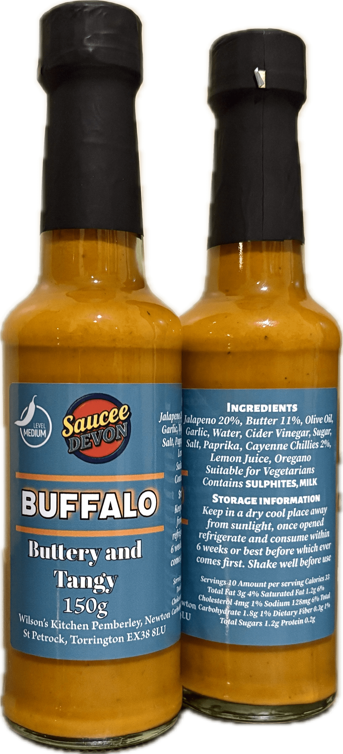 Wilson’s Kitchen Buffalo Sauce in a bottle, showcasing vibrant orange chili sauce for spicy flavor and artisan quality.