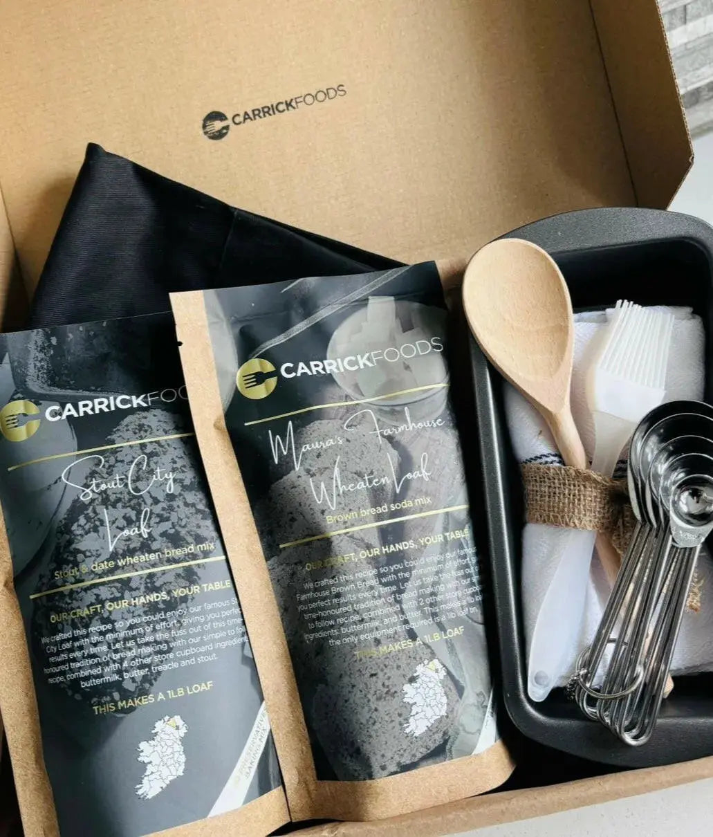 Carrick Foods Master Baker Bread and Scone Mixes kit with ingredients and utensils for homemade baking.