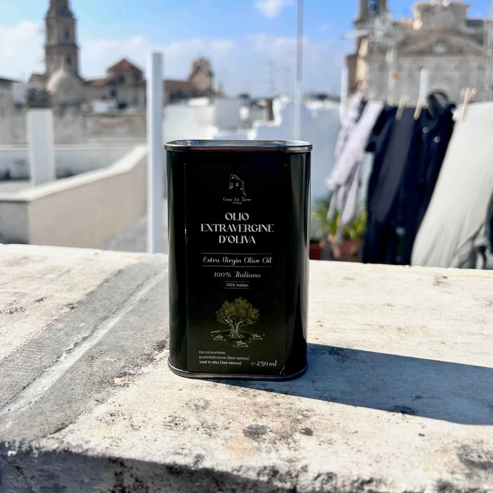 Casa La Torre Puglia artisan cold pressed extra virgin olive oil 250ml bottle, showcasing the label and packaging details.