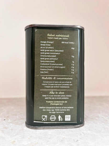 Casa La Torre Puglia artisan cold pressed extra virgin olive oil in a 250ml bottle, showcasing a golden, smooth olive oil.