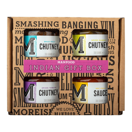 Indian Gift Box by Manfood, featuring traditional decorative packaging with assorted Indian sweets and snacks inside.