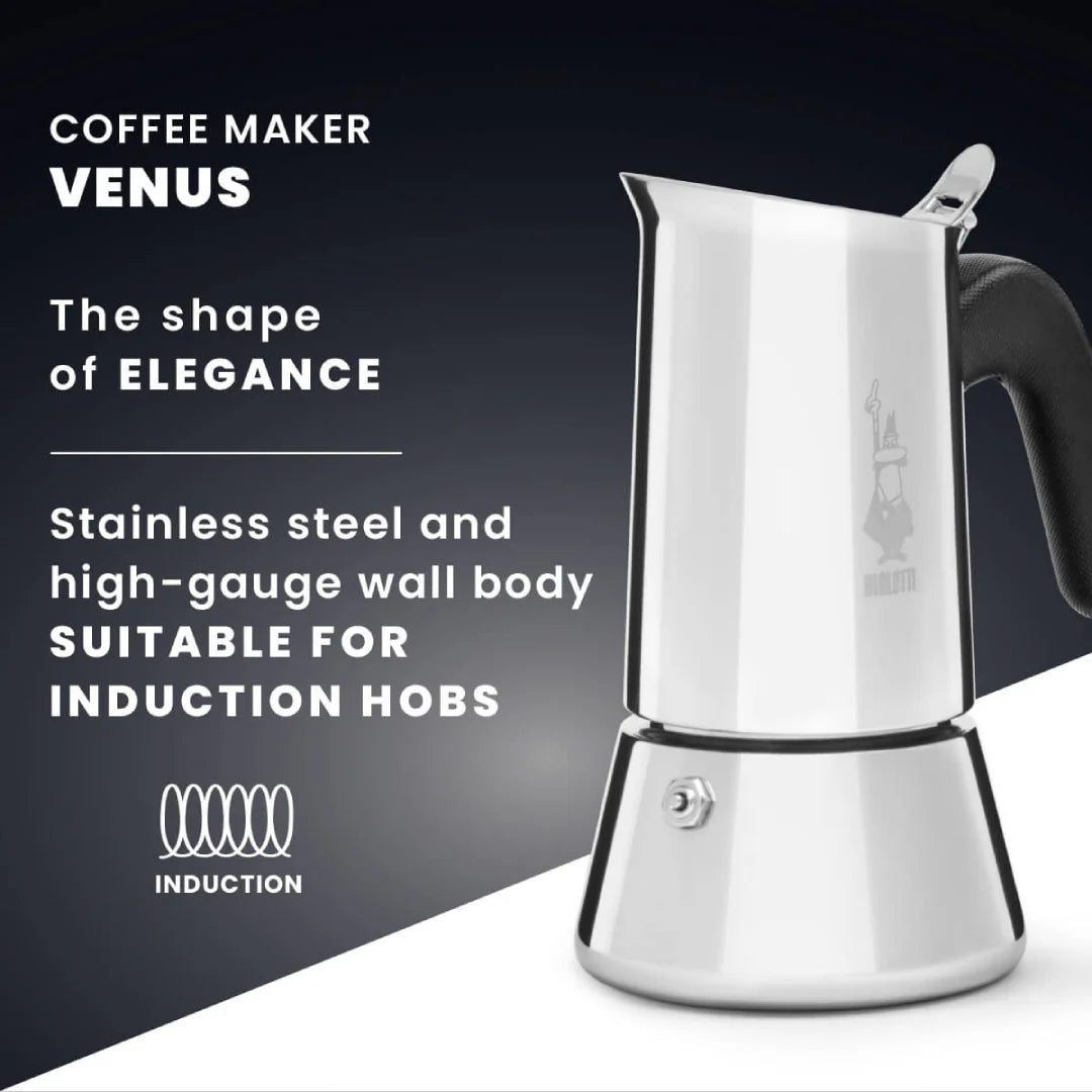 Bialetti Venus induction coffee maker by Brew Italia, showcasing its sleek stainless steel design and handle.