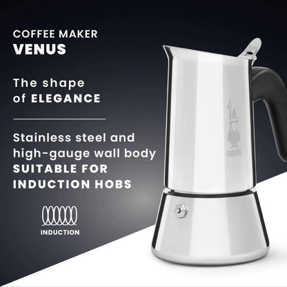 Bialetti Venus induction coffee maker by Brew Italia, showcasing its sleek stainless steel design and handle.