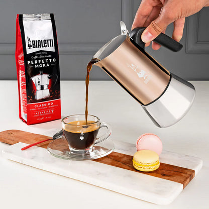 Bialetti Venus stovetop coffee maker by Brew Italia, induction-friendly hardware with polished stainless steel exterior.