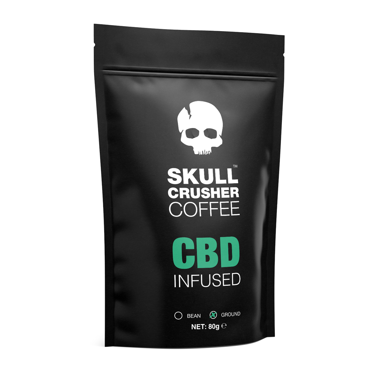 Skull Crusher Coffee infused trial bag showing 80g package with bold skull logo and vibrant design for flavored coffee.