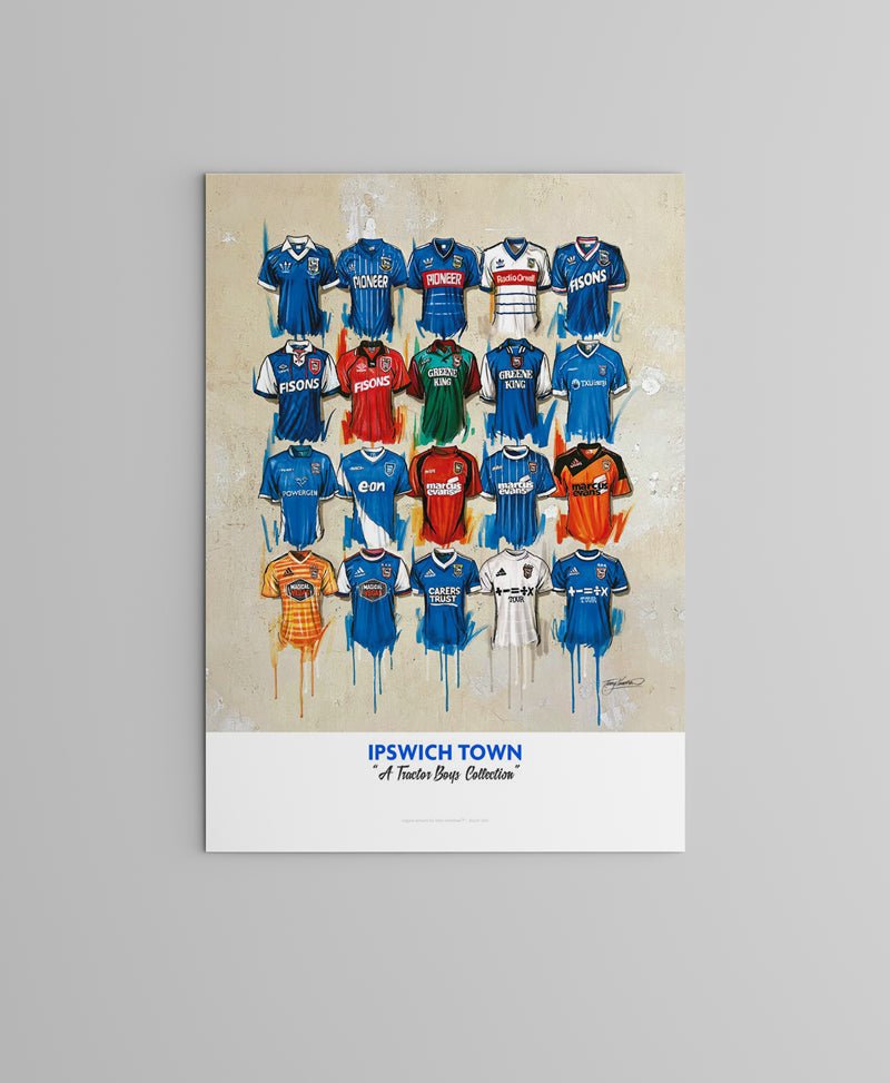 Limited edition Ipswich Town FC shirts art print by Terry Kneeshaw, showcasing vintage football jersey designs.