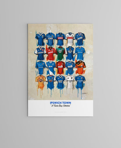 Limited edition Ipswich Town FC shirts art print by Terry Kneeshaw, showcasing vintage football jersey designs.