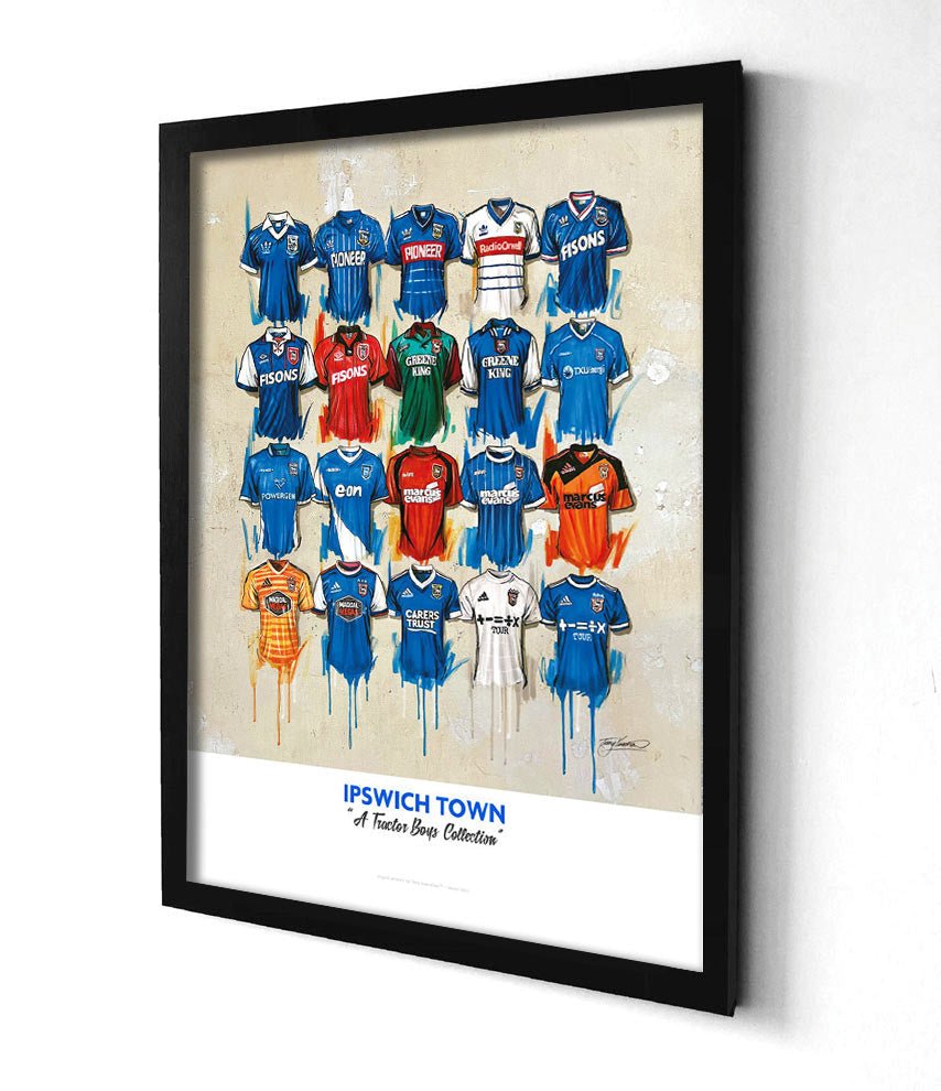 Limited edition print of Ipswich Town FC shirts by Terry Kneeshaw Art, showcasing detailed artwork of vintage football jerseys.