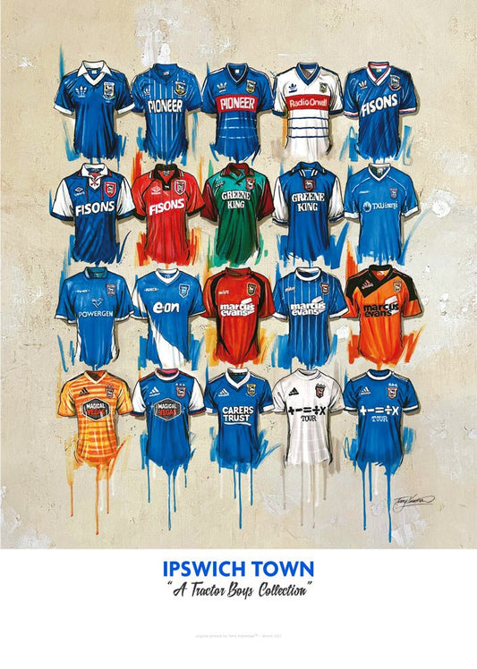 Limited edition Ipswich Town FC shirts art print by Terry Kneeshaw, showcasing vintage football shirt designs on high-quality paper.