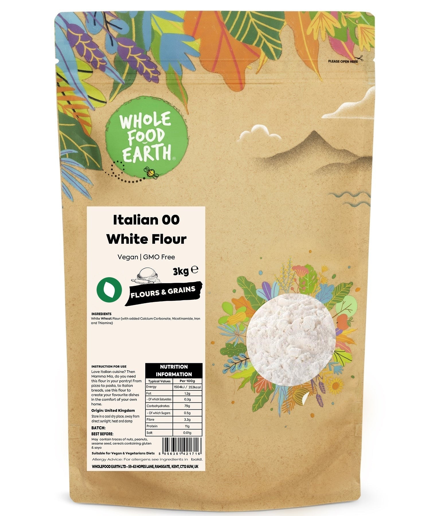 Italian 00 white flour from Whole Food Earth, fine-ground flour ideal for baking, with a smooth, powdery texture.