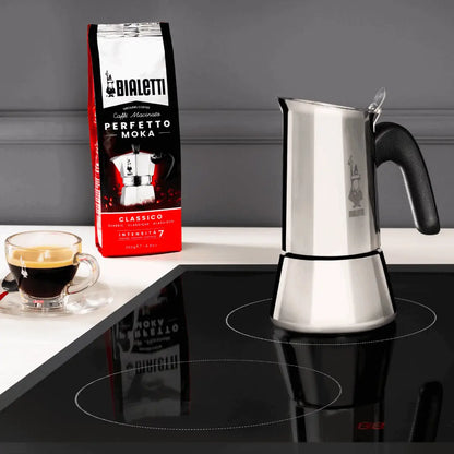 Bialetti Venus stovetop espresso maker by Brew Italia, made of stainless steel with a polished finish, designed for induction cooking.