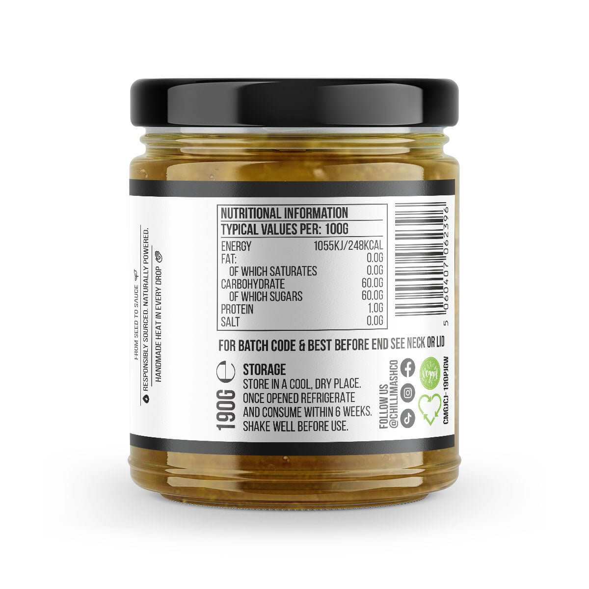 Jar of Chilli Mash Co. Jalapeño Chilli Jam in 190g jar, showcasing the spicy, sweet chilli jam with visible jalapeño pieces.