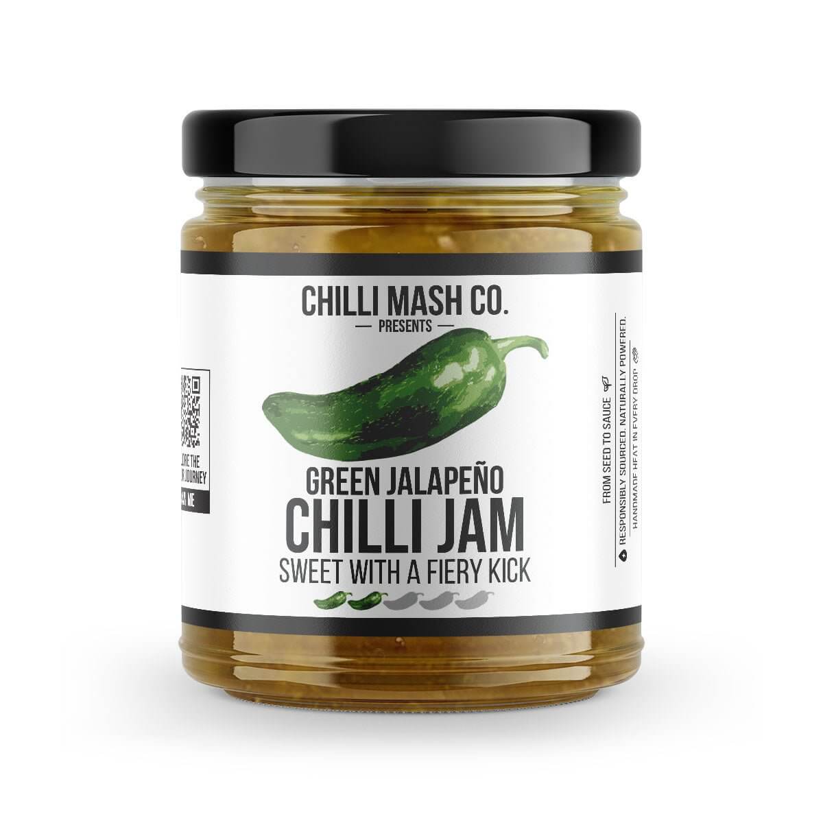 Jar of Chilli Mash Co. Jalapeño Chilli Jam, 190g, showing the spicy, sweet chili jam with fresh jalapeños and vibrant packaging.