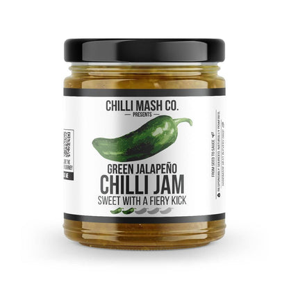 Jar of Chilli Mash Co. Jalapeño Chilli Jam, 190g, showing the spicy, sweet chili jam with fresh jalapeños and vibrant packaging.